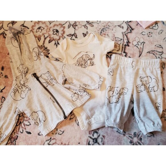 Carters 3 Peice Set Outfit Newborn Baby Girl Elephant NB Pants Shirt Jacket - Picture 1 of 3